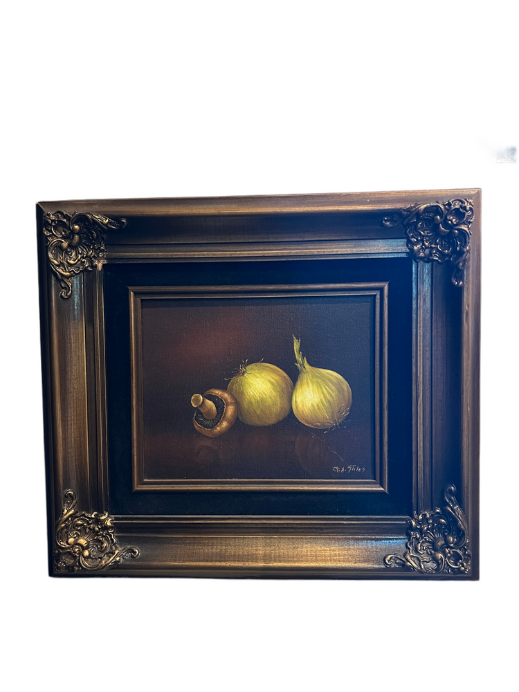 Moody Vintage Still Life Oil Painting, Onions and Mushroom