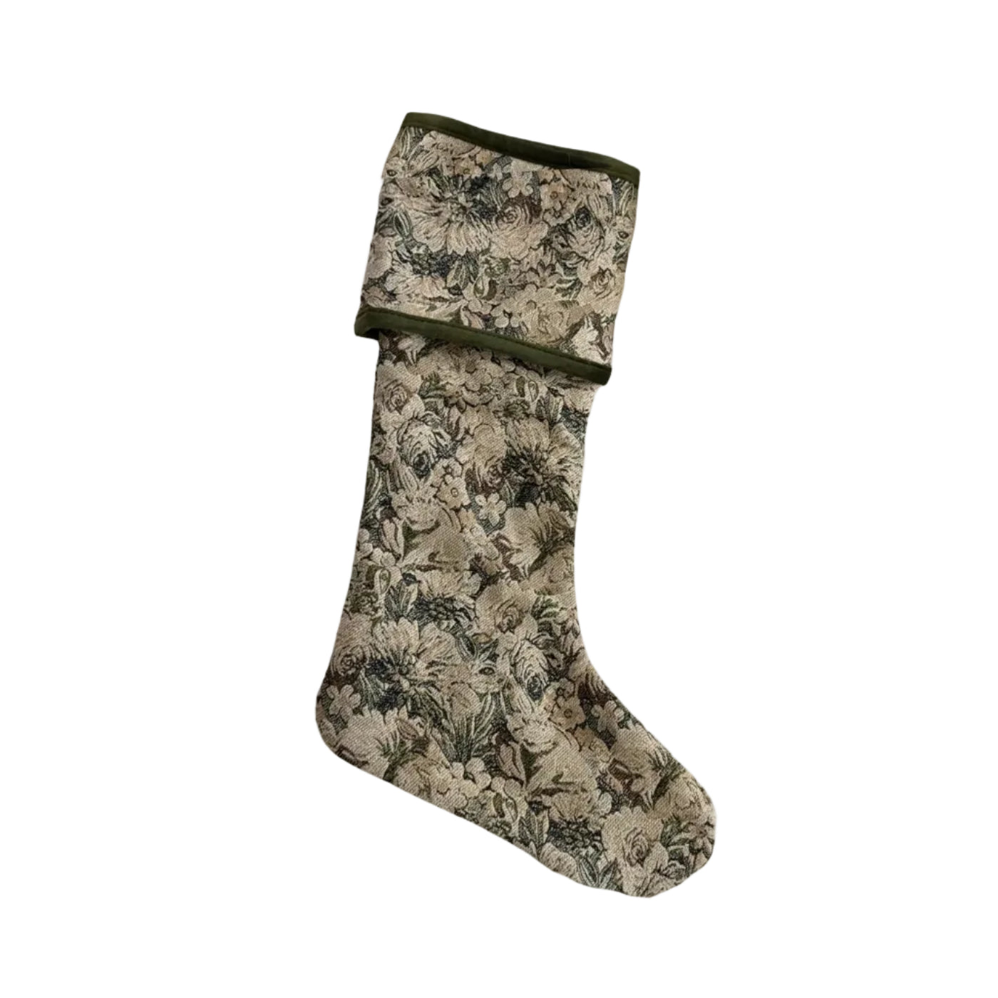 A single fabric Christmas stocking with a beige and olive green floral toile pattern, shown against a solid light gray background.