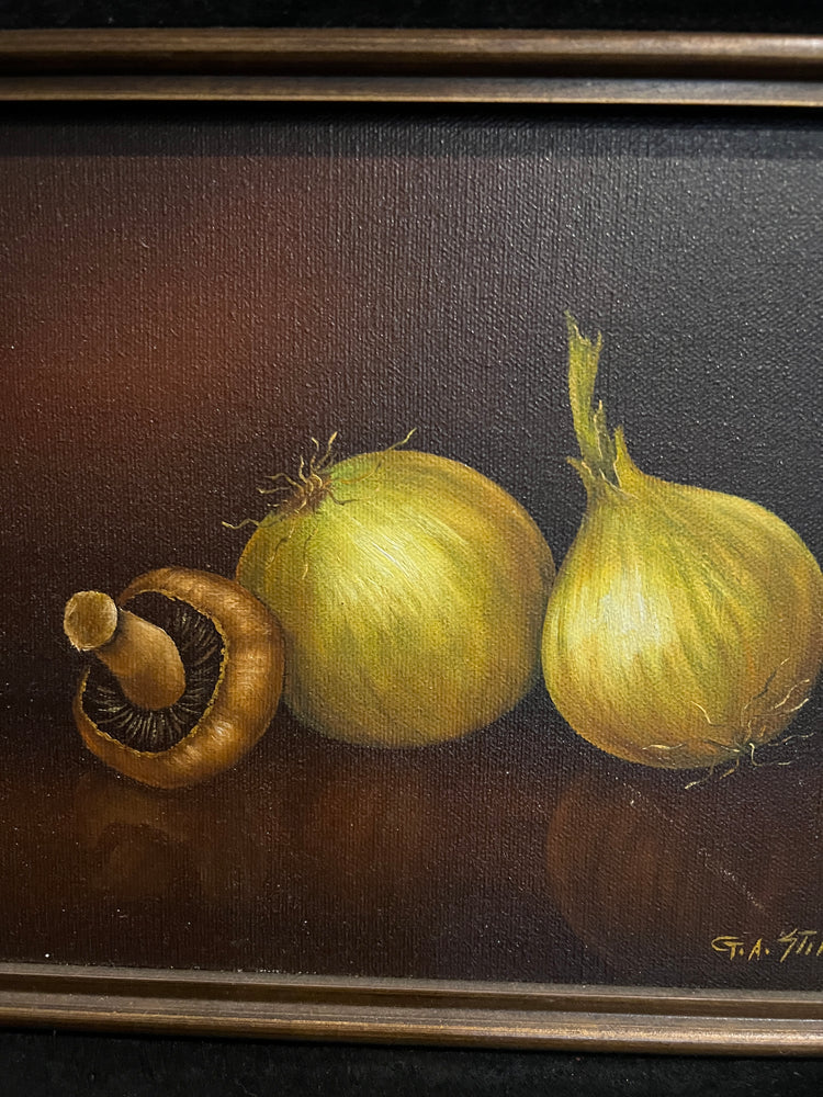 Moody Vintage Still Life Oil Painting, Onions and Mushroom
