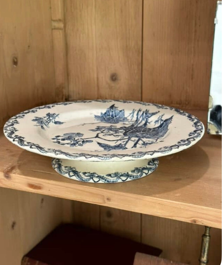 Blue Antique French Gien Ironstone Terre De Fer Raised Plate, Begonia Pattern