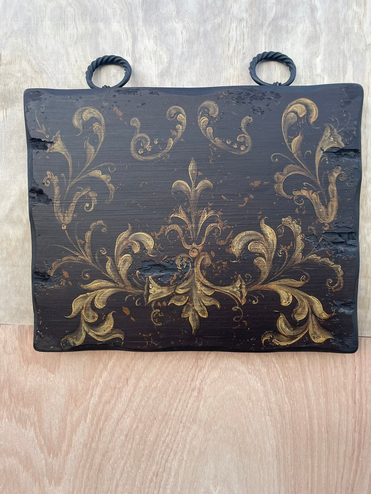 Hand Painted Oil on Wood Panel Painting with Iron Rings - Black, Gold, Fleur de Lis