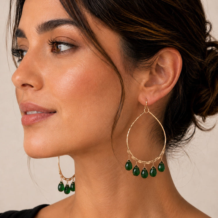 Emerald Green Quartz Chandelier Hoop Earrings