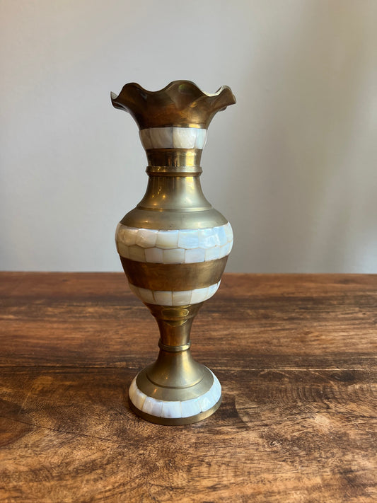 Vintage Mother of Pearl and Brass Vase