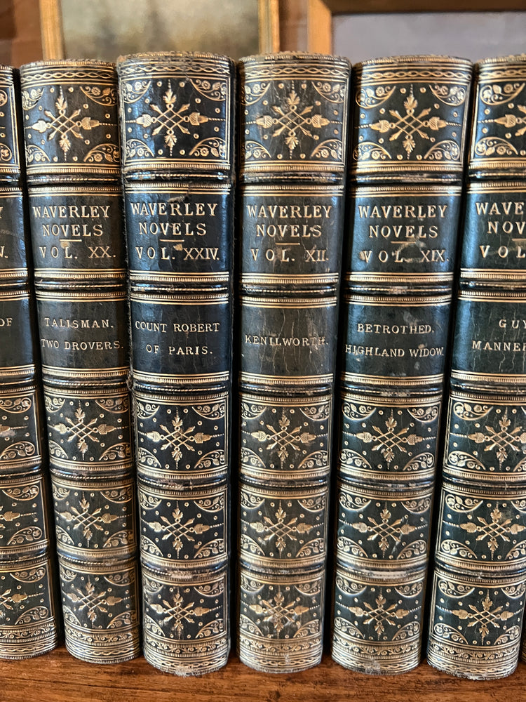 Set of 9 Antique Full Leather Blue / Green Waverley Novels Books