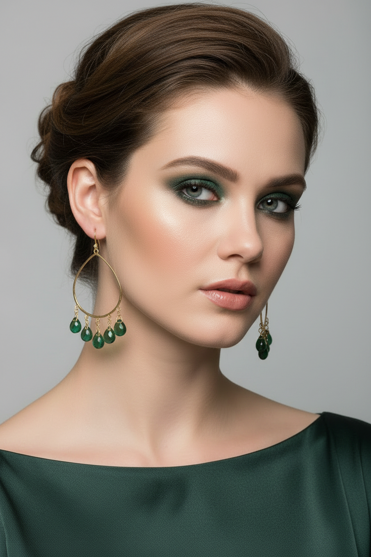 Emerald Green Quartz Chandelier Hoop Earrings