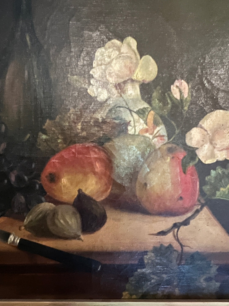 1800's Antique Moody Fruit and Flowers Still Life Oil Painting "Summer Bounty"
