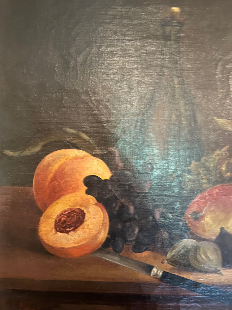 1800's Antique Moody Fruit and Flowers Still Life Oil Painting "Summer Bounty"