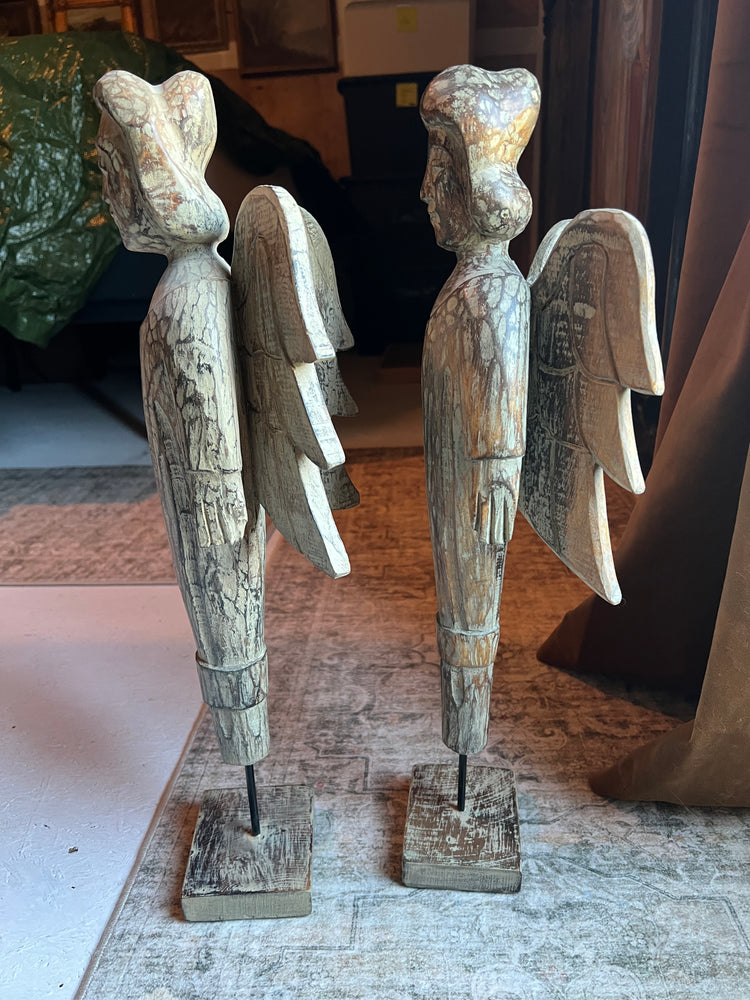 Vintage Hand Carved Wood Angel on Stand