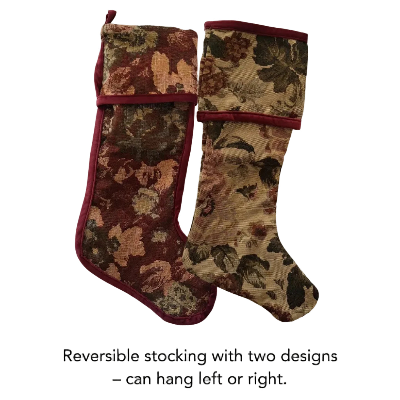 Two reversible Christmas stockings with floral tapestry-style patterns, one in burgundy and brown and the other in beige and olive green, shown on a light gray background with text explaining the reversible design.
