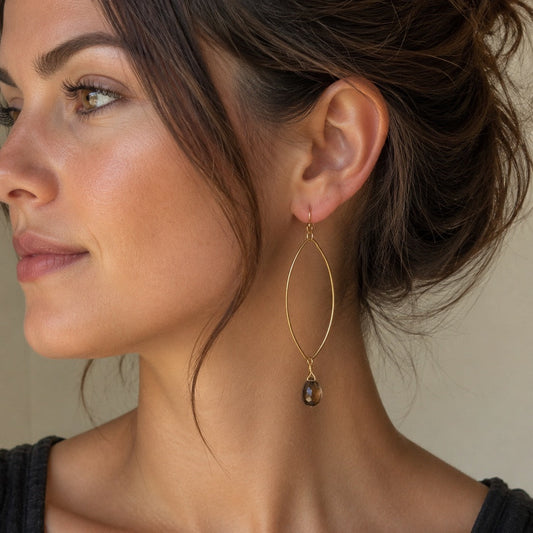 Brown Quartz Gold Drop Earrings