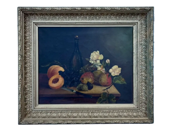 1800's Antique Moody Fruit and Flowers Still Life Oil Painting "Summer Bounty"