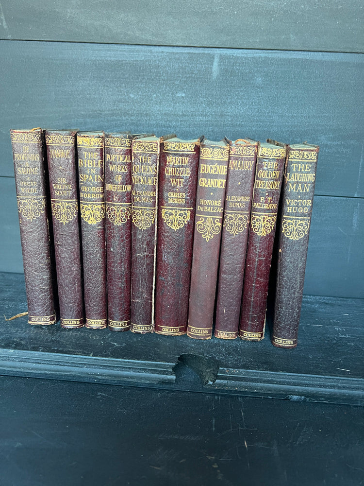 Set of 3 Antique Maroon Leather Collins Books