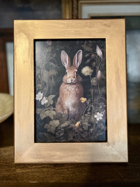 Moody Forest Bunny Print in Vintage Gold Frame