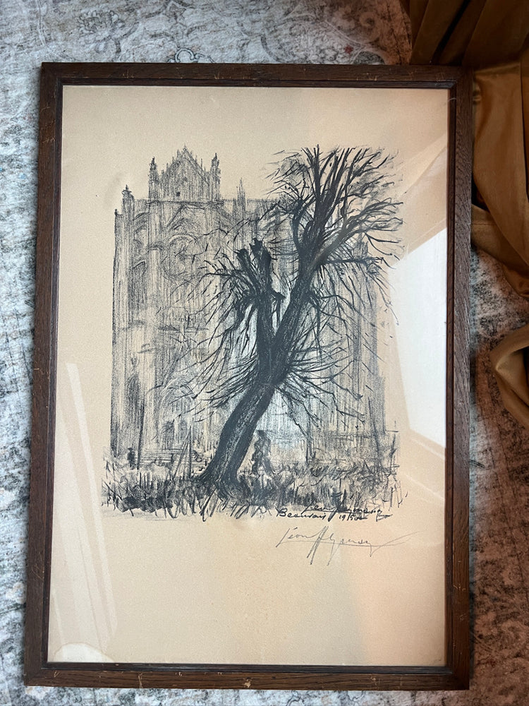 Antique French Cathedral and Tree Charcoal Pencil Drawing