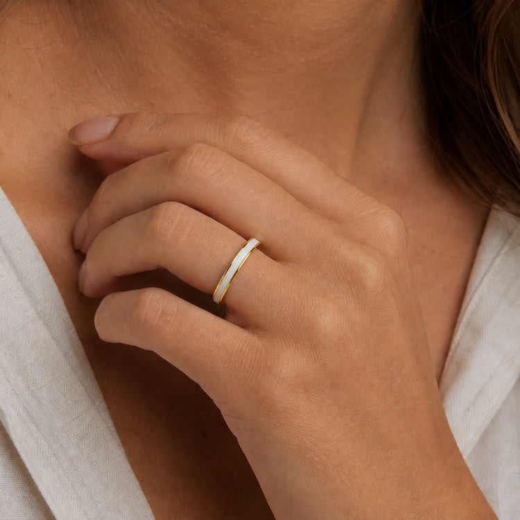 14K Gold White Enamel Band Ring