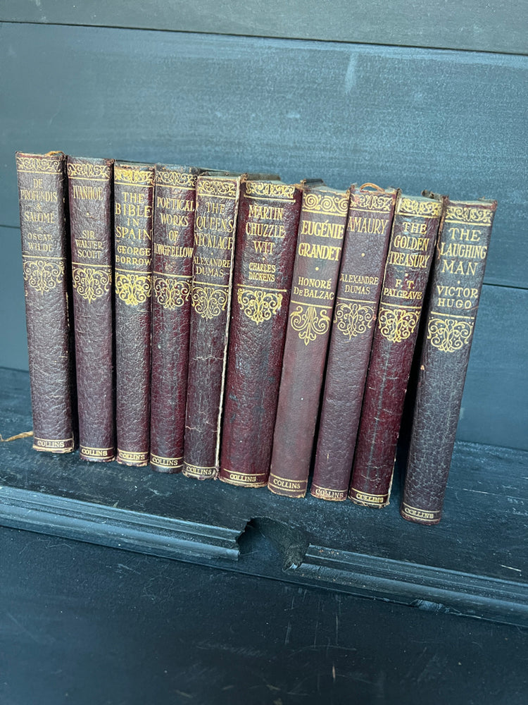 Set of 3 Antique Maroon Leather Collins Books