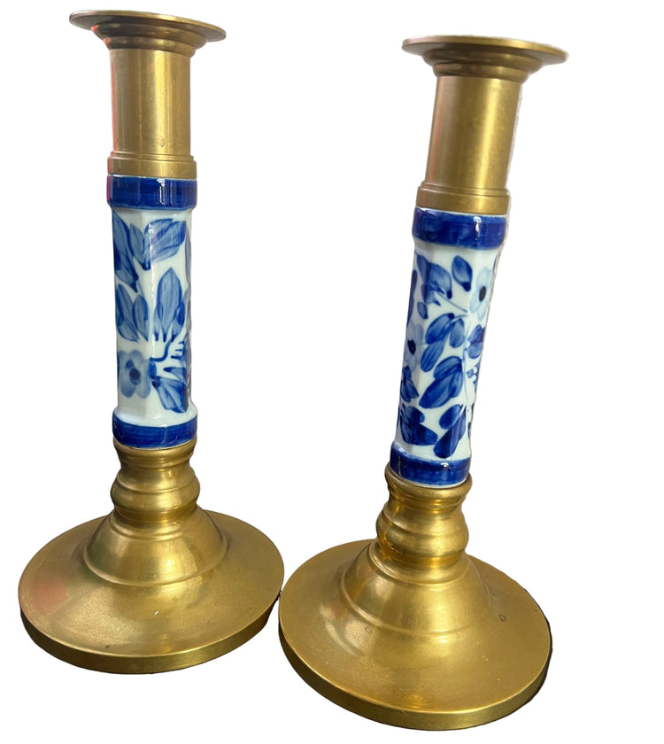 Set of 2 Vintage Brass and Ceramic Delft Blue Candlesticks