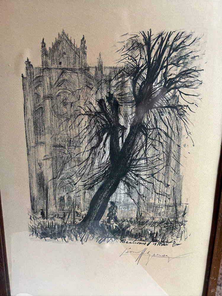 Antique French Cathedral and Tree Charcoal Pencil Drawing