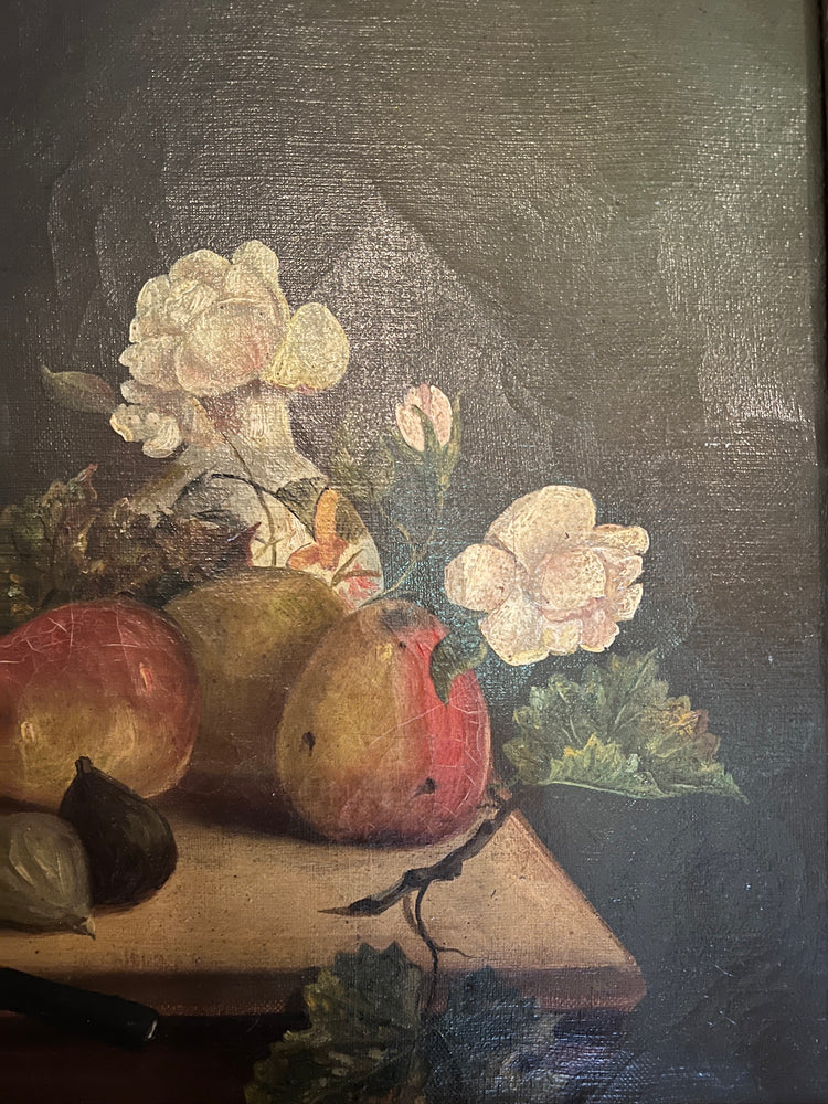 1800's Antique Moody Fruit and Flowers Still Life Oil Painting "Summer Bounty"