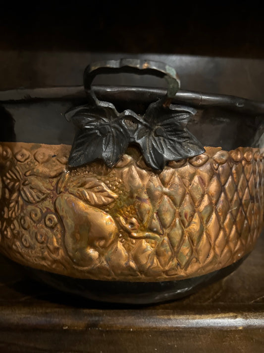 Vintage Stamped Copper Bowl with Bronzed Leaf Handles