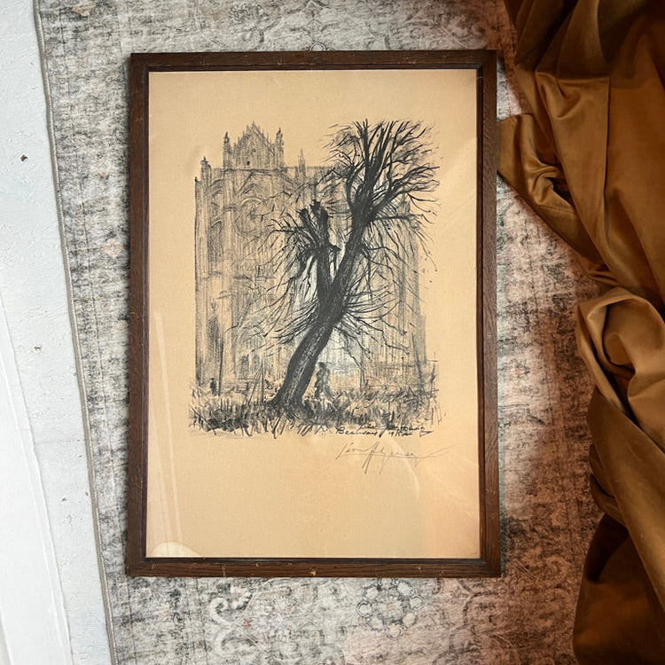 Antique French Cathedral and Tree Charcoal Pencil Drawing