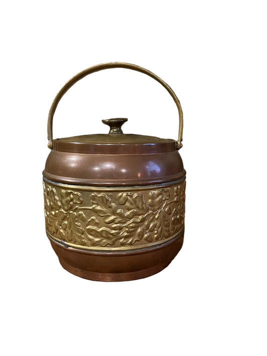 Vintage English Copper and Brass Biscuit Barrel with Leaf Motif