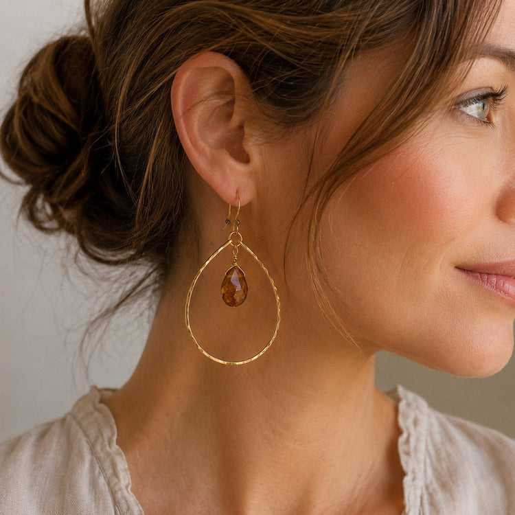 Tourmaline and Hammered Gold Hoop Earrings