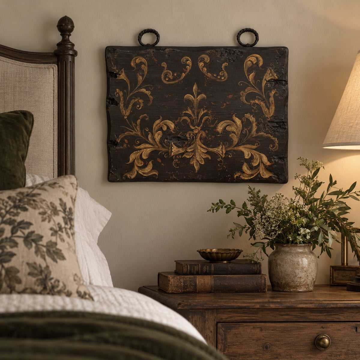 A rustic dark wood wall hanging with ornate gold damask scrollwork, displayed in a styled bedroom above a wooden nightstand with a lamp, books, and a vase of greenery.