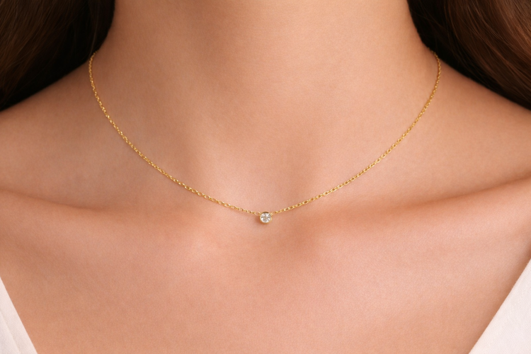 14K Gold Round Floating Diamond Solitaire Necklace