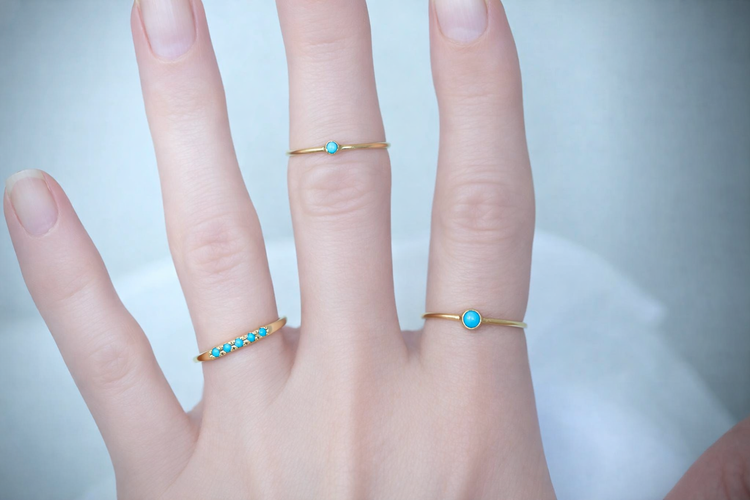 Tiny 14K Gold Gemstone Stacking Ring / Diamond, Black Diamond, Ruby, Turquoise