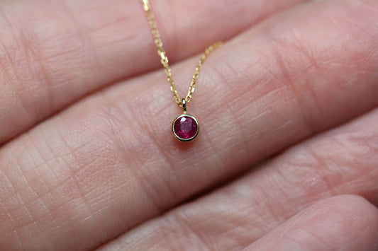 14K Gold Tiny Ruby Dangle Necklace