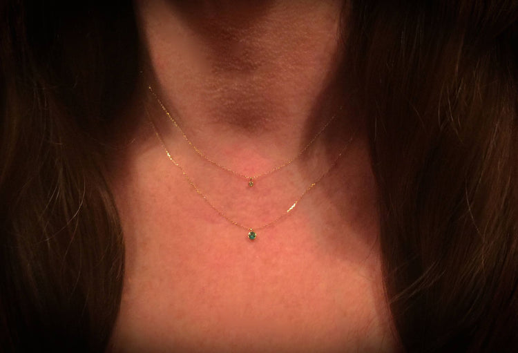 14K Gold Tiny Emerald Dangle Necklace