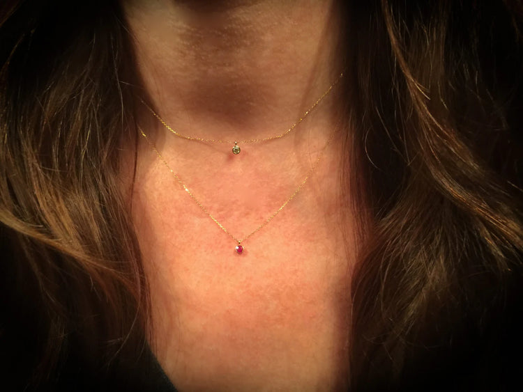 14K Gold Tiny Ruby Dangle Necklace