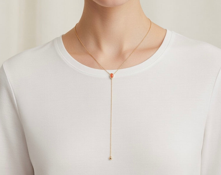 14K Gold Coral Pear Lariat Y Necklace