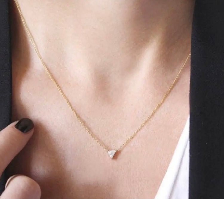 14K Gold Diamond Triangle Solitaire Necklace