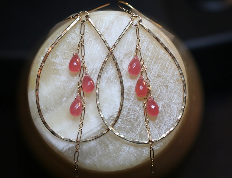 Peachy Pink Rhodochrosite and Gold Hoop Dangle Earrings