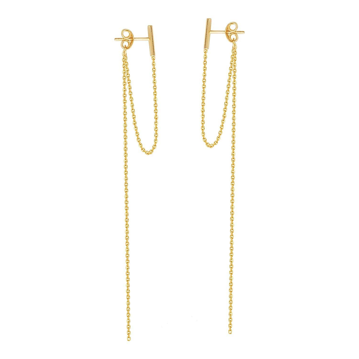 14K Gold Staple Bar and Chain Loop Stud Earrings | Avie Fine Jewelry