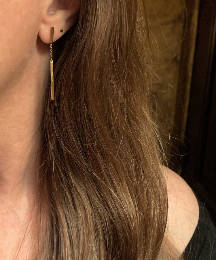 14K Gold Long Bar & Chain Stud Earrings | Avie Fine Jewelry