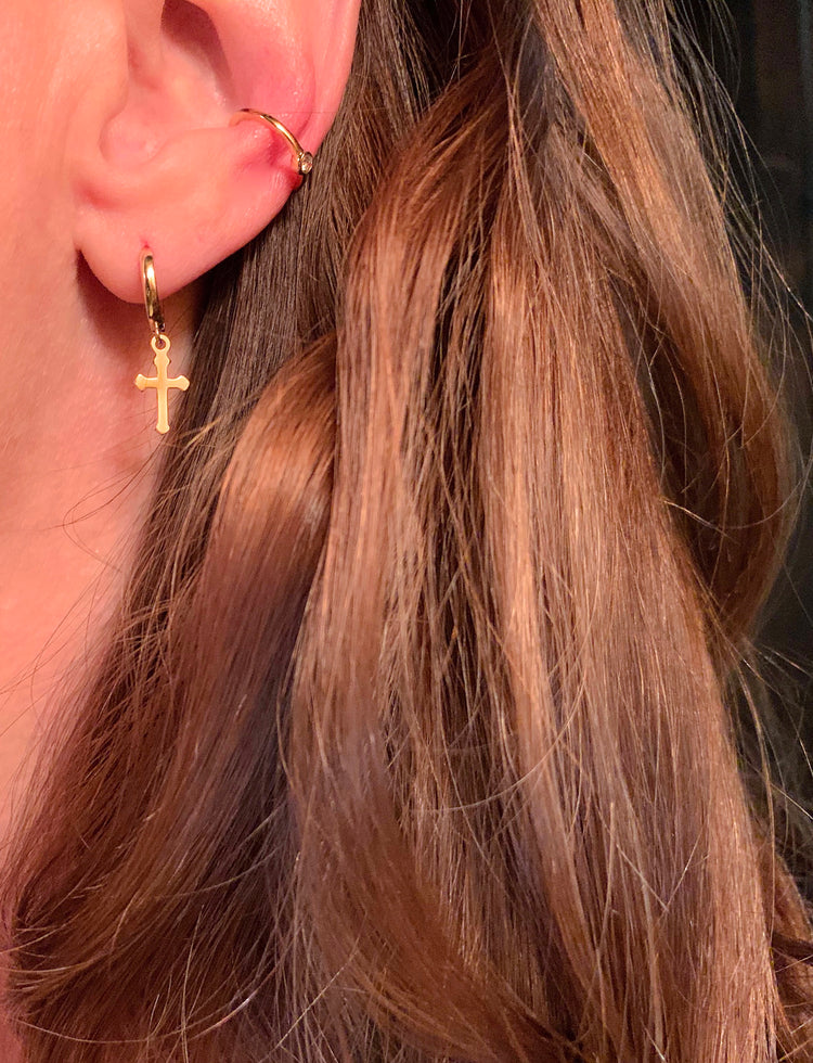 Tiny 14K Gold Cross Charm Huggie Earrings | Avie Fine Jewelry