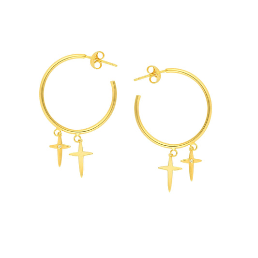14K Gold Diamond Cross Dangle Hoop Earrings | Avie Fine Jewelry