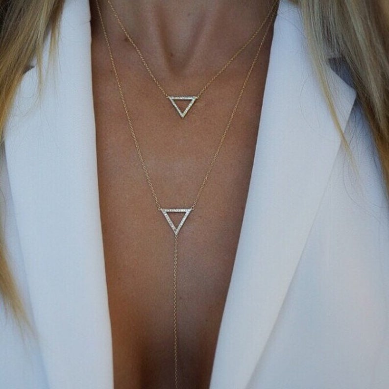 14K Gold Diamond Triangle Necklace, Lariat | Avie Fine Jewelry