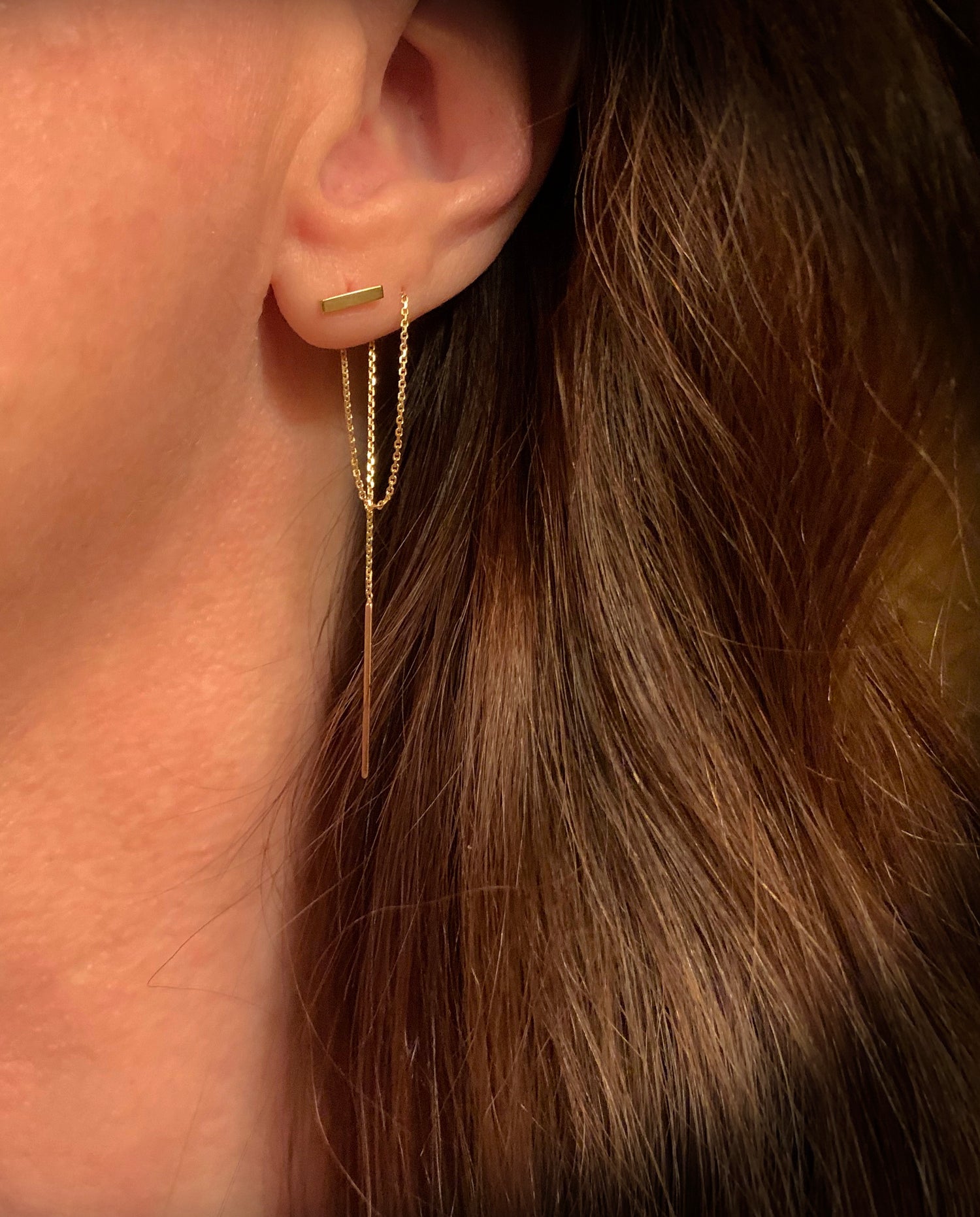 14K Gold Staple Bar and Chain Long Threader Earrings | Avie Fine Jewelry