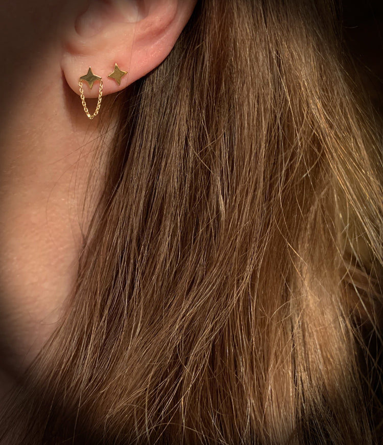 14K Gold Four Point Star Stud Earrings with Drape Chain | Avie Fine Jewelry