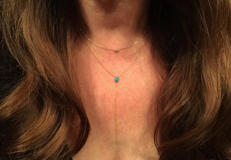 14K Gold Turquoise Pear Lariat Y Necklace | Avie Fine Jewelry