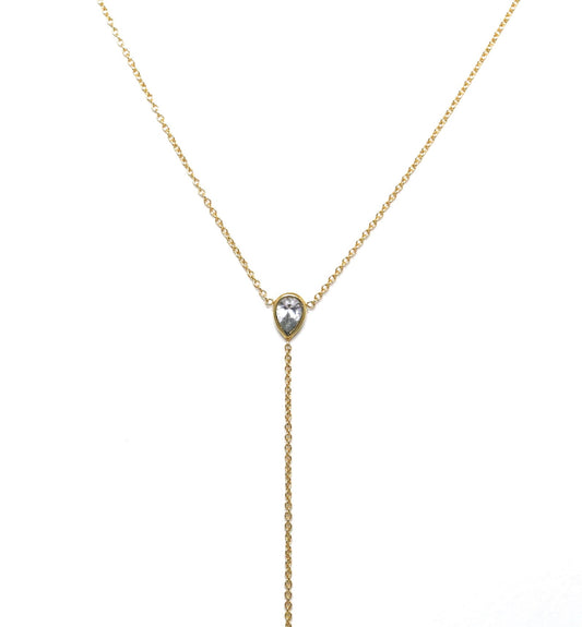 14K Gold White Sapphire Pear Lariat Y Necklace | AVIE Fine Jewelry