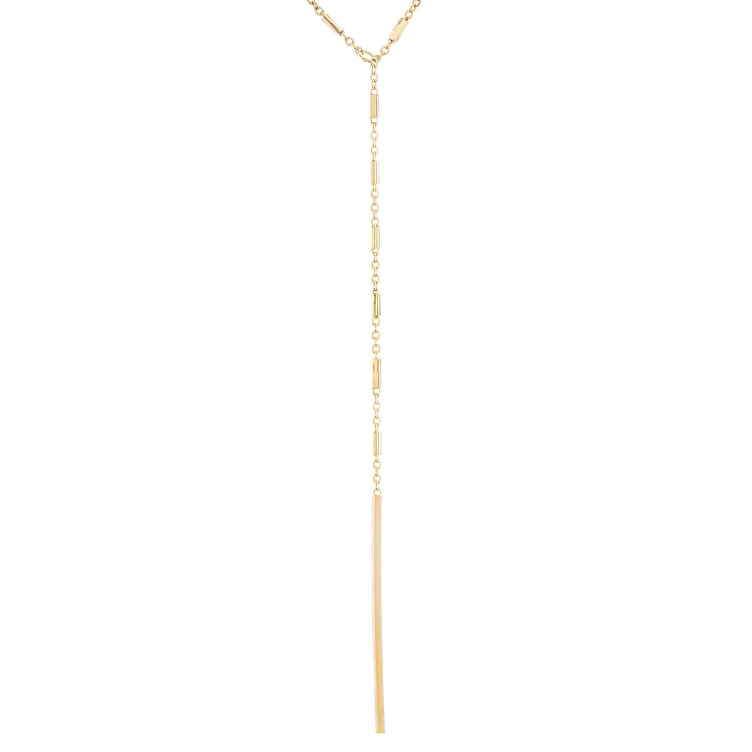 14K Gold Tiny Bar Beaded Chain Lariat Y Necklace | Avie Fine Jewelry
