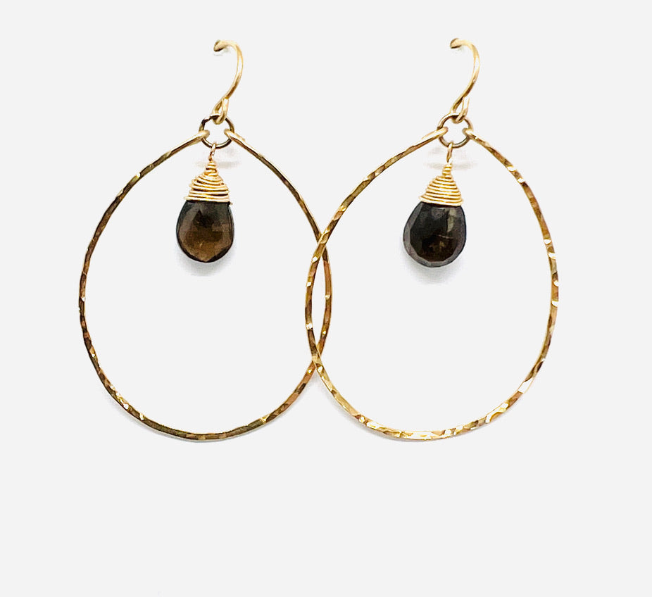 Smoky Quartz Hammered Gold Hoop Earrings | Avery Blake Jewelry