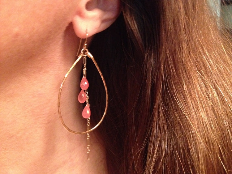 Peachy Pink Rhodochrosite and Gold Hoop Dangle Earrings