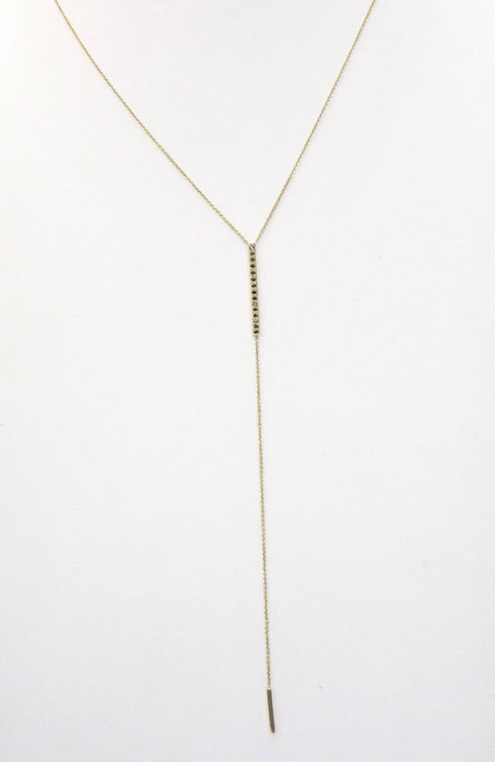 14K Gold Vertical Bar Black Diamond Lariat Necklace