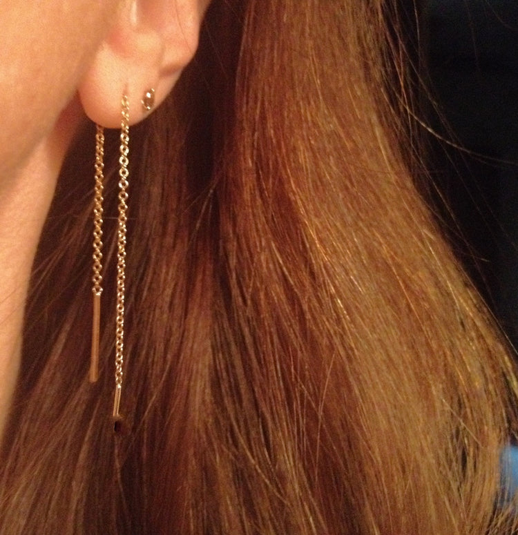 UnBalanced 14K Gold Double Bar Chain Threader Earrings